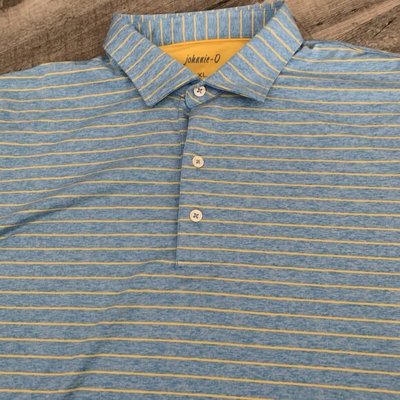 Johnnie-O Golf Shirt Mens Sz XL Polo Blue Yellow Striped Stretch Sun Protection - Picture 1 of 8